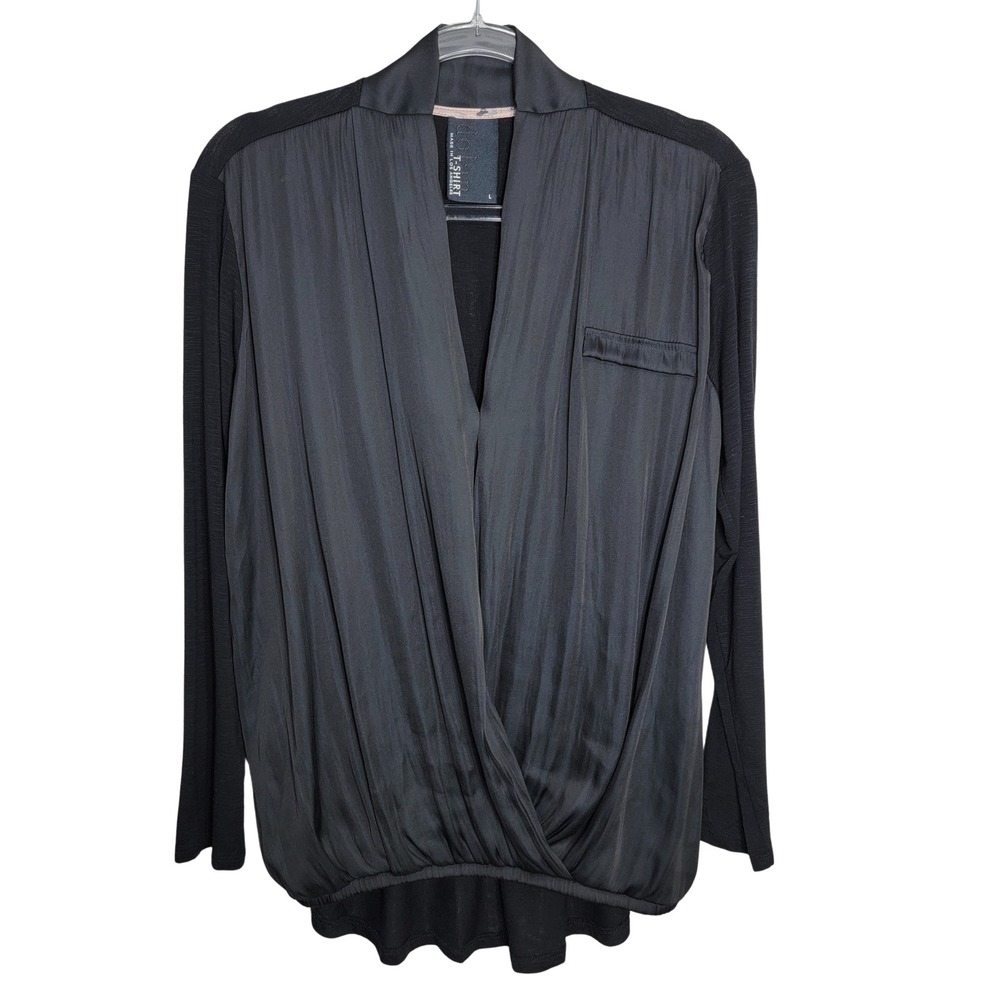 Dolan T-Shirt Womens Large Black Surplice V-Neck Long Sleeve Top Faux Wrap